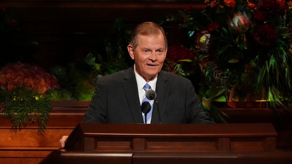 (The Church of Jesus Christ of Latter-day Saints) Apostle Gary E. Stevenson speaks at General Conference on Saturday, Oct. 2, 2021.