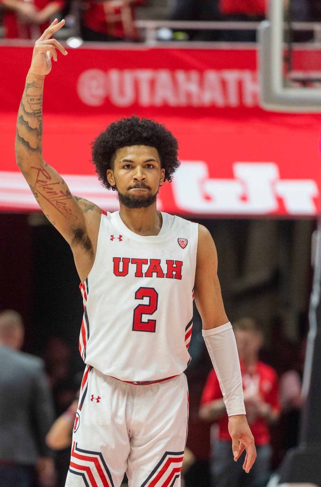 (Rick Egan | The Salt Lake Tribune) Utah guard Mike Saunders Jr. (2) reacts after hitting a big 3-point-shot for the Utes, in PAC-12 basketball action between Utah Utes and UCLA Bruins, at the Jon M. Huntsman Center, Thursday, February. 23, 2022.