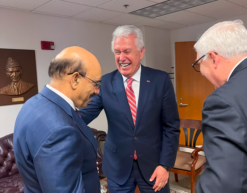 (The Church of Jesus Christ of Latter-day Saints) Apostle Dieter Uchtdorf and Elder José A. Teixeira of the Presidency of the Seventy share a laugh with Pakistan Ambassador to the U.S. Masood Khan in Washington on Thursday, Oct. 26, 2023.