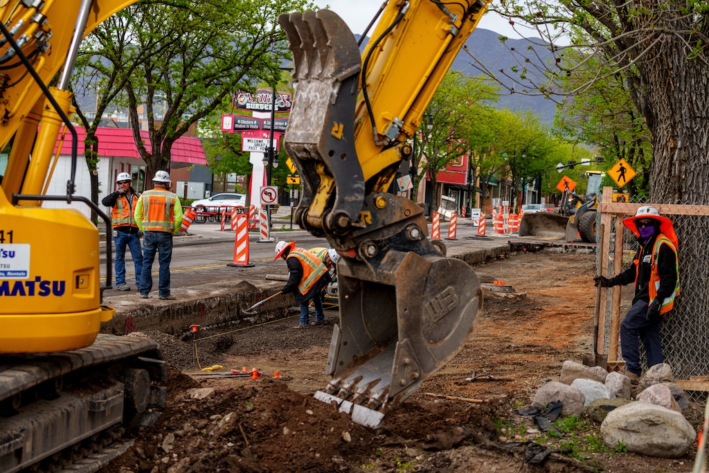 (Trent Nelson  |  The Salt Lake Tribune) Road construction along 2100 South through the heart of Sugar House in Salt Lake City on Thursday, April 24, 2025.