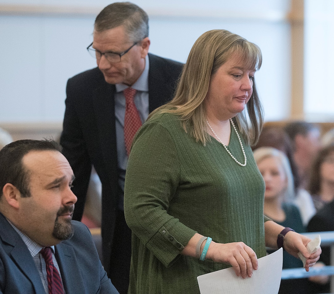 (Eli Lucero  |  Herald Journal, pool) April Turner, mother of Deserae Turner, walks to the podium to speak at Colter Peterson's sentencing hearing for attempted aggravated murder and robbery, Thursday, Feb. 1, 2018, in Logan, Utah. Peterson received a sentence of 15 years to life for shooting Deserae Turner in February 2017, and leaving her for dead in a dry irrigation canal in Smithfield, Utah.