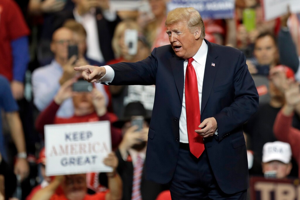(Tony Dejak  |  AP Photo)  President Donald Trump acknowledges his supporters after speaking at a campaign rally, Monday, Nov. 5, 2018, in Cleveland.