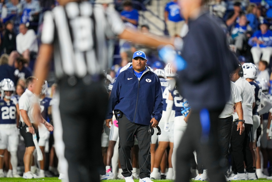 (Bethany Baker  |  The Salt Lake Tribune) BYU Cougars head coach Kalani Sitake watches during the game between the BYU Cougars and the Iowa State Cyclones in Provo on Friday, Oct. 9, 2026.