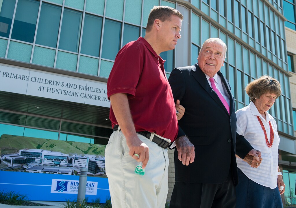 (Leah Hogsten  |  The Salt Lake Tribune) Jon and Karen Huntsman, along with their son Mark, attend the dedication of the Primary Children's and Families' Cancer Research Center on June 21, 2017.