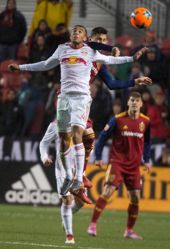 (Rick Egan  |  The Salt Lake Tribune)    Real Salt Lake midfielder Damir Kreilach (6) goes for the ball along with New York Red Bulls midfielder Tyler Adams (4), in MLS action between Real Salt Lake and New York Red Bulls at Rio Tinto Stadium, Saturday, March 17, 2018.


