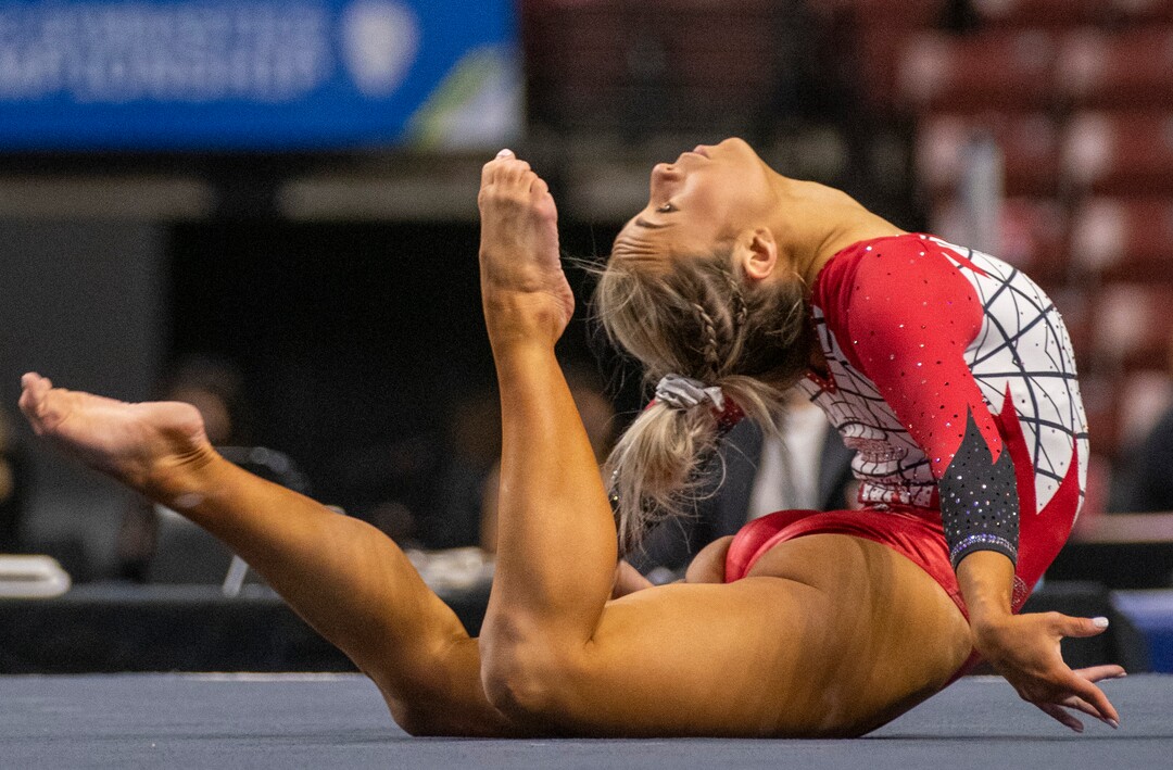 (Rick Egan | The Salt Lake Tribune) Sydney Soloski competes on the floor for Utah in the PAC-12 Gymnastics Championship tournament at the Maverik Center, on Saturday, March 20, 2021.