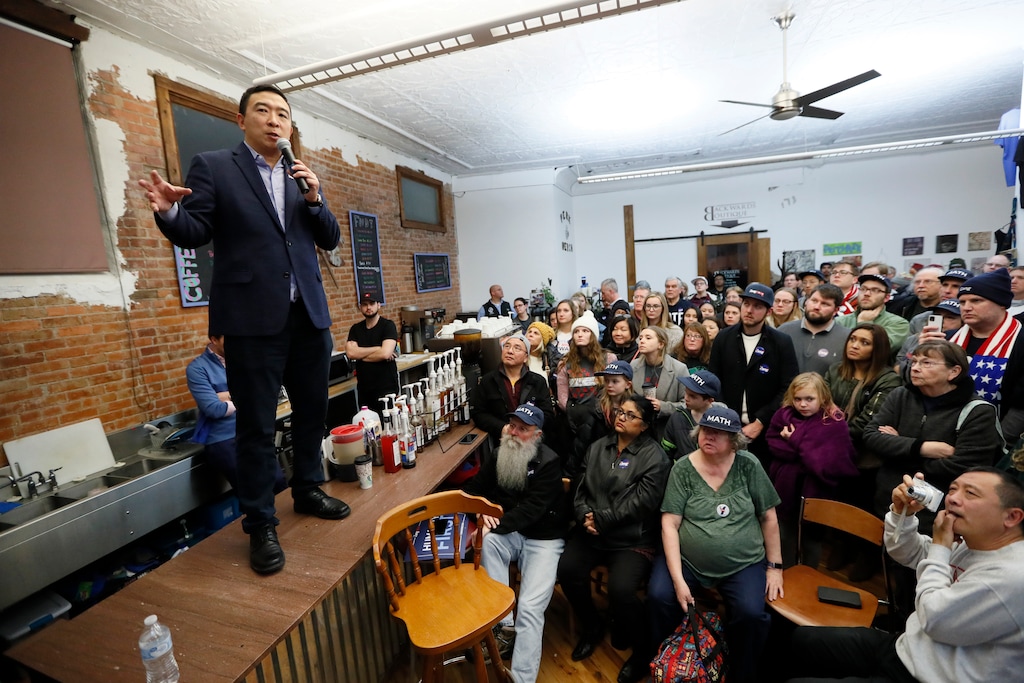 (Charlie Neibergall | AP file photo ) In this Jan. 3, 2020 photo, Democratic presidential candidate entrepreneur Andrew Yang speaks during a town hall at the Perry Perk coffee shop, in Perry, Iowa. After months of running as a non-politician with unconventional campaign strategies and novel ideas, Andrew Yang has reached the point where he needs to be seen as a serious candidate with a chance of beating President Donald Trump.