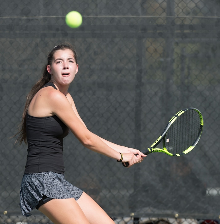 (Rick Egan  |  The Salt Lake Tribune) Daniella Aaron, Lone Peak, plays Mackenzie Turley, Davis High, in the 6A High School tennis championship game. Friday, October 6, 2017.


