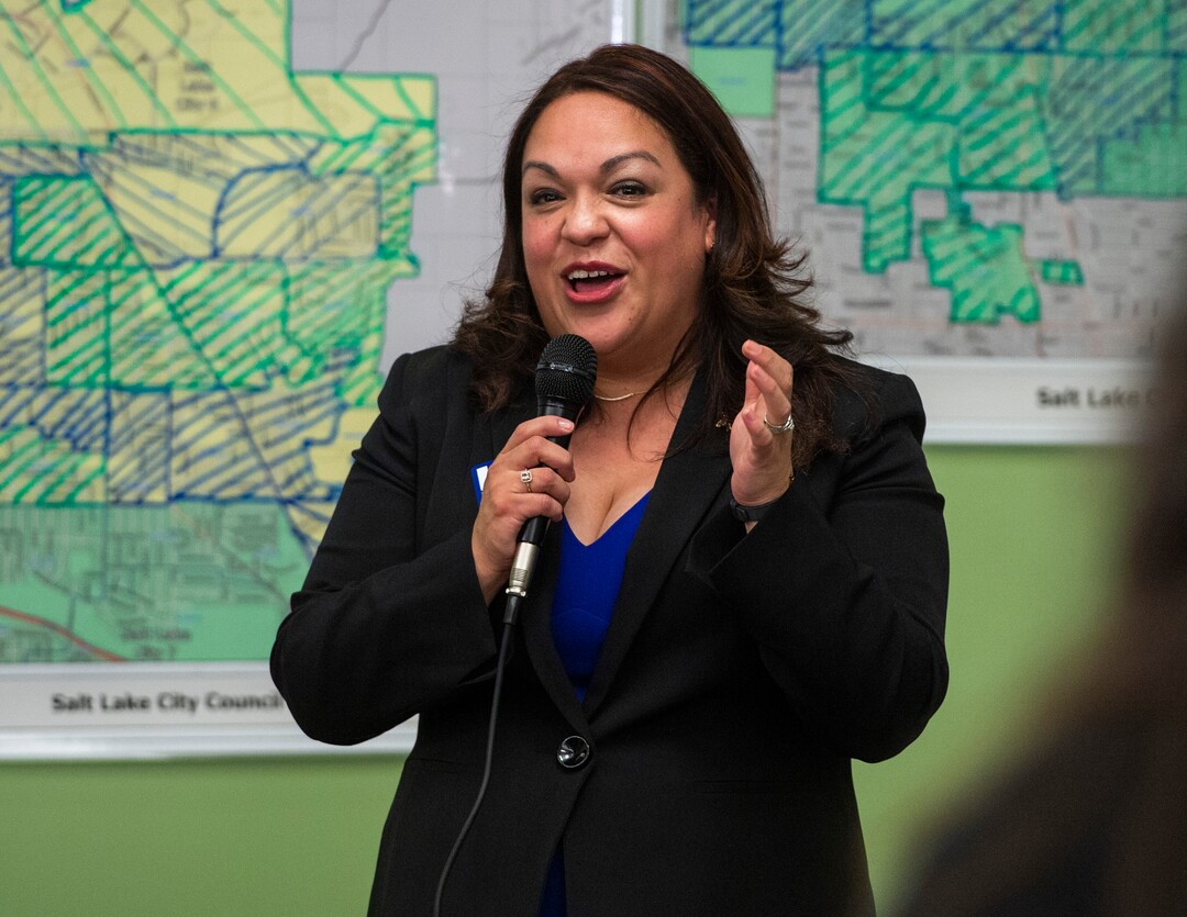 (Rick Egan  |  The Salt Lake Tribune)  Salt Lake City mayoral candidate Luz Escamilla thanks friends and supporters as she awaits the ballot results in the Salt Lake City Mayor's race, at her campaign headquarters, Tuesday, Nov. 5, 2019.