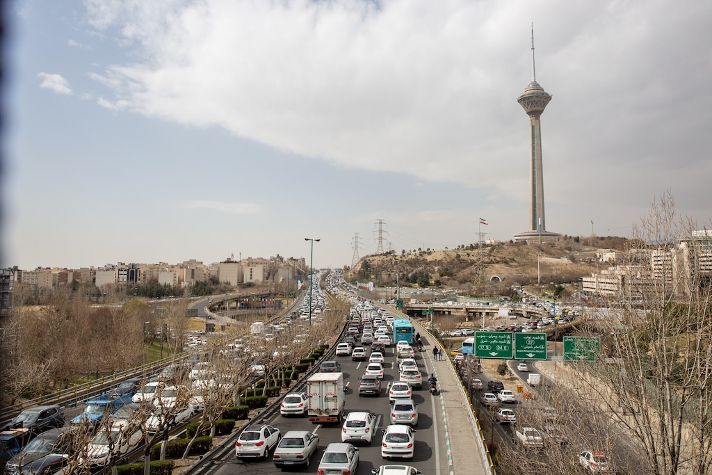 (Arash Khamooshi | The New York Times) Heavy traffic in Tehran, Iran, where large explosions shook the city and people reported seeing smoke rising from the district that includes the presidential palace on Saturday morning, Feb. 28, 2026.