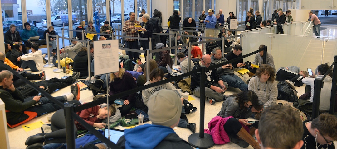 (Al Hartmann  |  The Salt Lake Tribune) 	About 150 people wait in the lobby of the Eccles Theater at 7:30 a.m. Feb. 9 to buy tickets for the upcoming production of "Hamilton".  