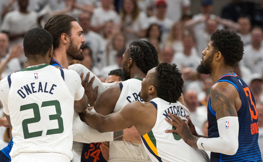 (Rick Egan  |  The Salt Lake Tribune)    Utah Jazz forward Jae Crowder (99) gets tangled up with some Oklahoma City Thunder players resulting in a technical foul and ejection from the game, in game 4, NBA playoff action between Utah Jazz and Oklahoma City Thunder, in Salt Lake City, Monday April 23, 2018.
