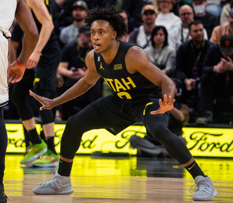 (Rick Egan | The Salt Lake Tribune) Utah Jazz guard Collin Sexton (2) plays defense, in NBA action between the Utah Jazz and the Brooklyn Nets at Vivint Arena, on Friday, Jan. 20, 2023.