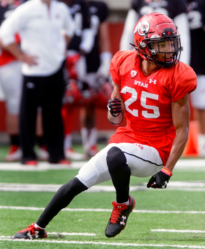 (Steve Griffin  |  The Salt Lake Tribune) Utah wide receiver Jaylen Dixon runs runs his route during the University of Utah football team's first scrimmage at Rice-Eccles Stadium in Salt Lake City Friday March 30, 2018.