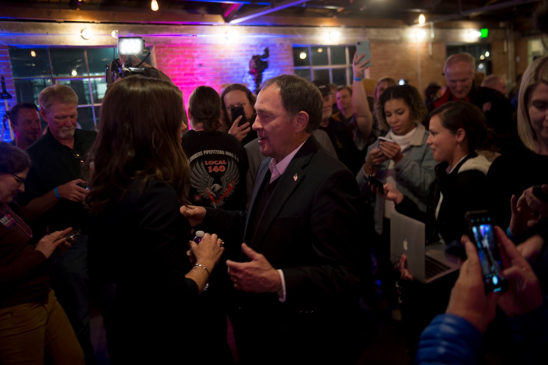 (Jeremy Harmon  |  The Salt Lake Tribune) Governor Gary Herbert speaks with Salt Lake City mayoral candidate Erin Mendenhall during her election night event on Tuesday, Nov. 5, 2019.