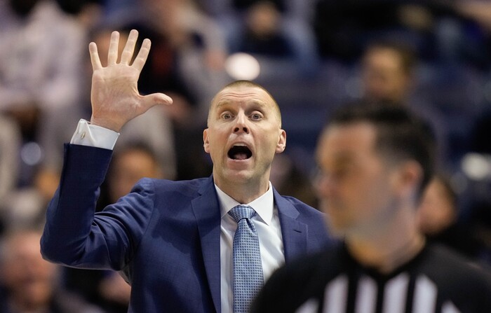 (Francisco Kjolseth | The Salt Lake Tribune) BYU coach Mark Pope during an NCAA college basketball game against TCU Saturday, March 2, 2024, in Provo, Utah.