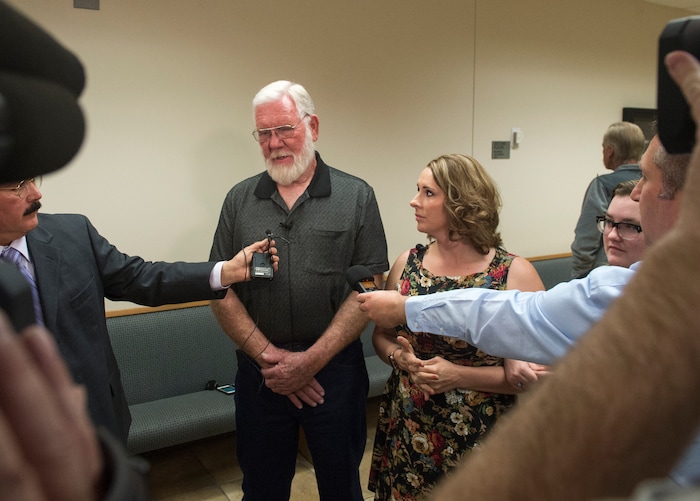     (Rick Egan  |  The Salt Lake Tribune)       Bill Powell, Riley’s father, and Breezy's aunt, Amanda Hunt talk to the media after Jerrod Baum appeared for a hearing in Provo. Baum is accused of killing 18-year-old Riley Powell and 17-year-old Brelynne “Breezy” Otteson in December and dumping their bodies into an abandoned mine shaft. Thursday, April 26, 2018.   

