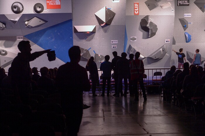(Leah Hogsten  |  The Salt Lake Tribune) Spectators view the four "problems" or routes each men's and women's final round of competition during USA Climbing's Bouldering Open National Championships at the Salt Palace Convention Center, Saturday, February 3, 2018 in Salt Lake City, UT. 

. 