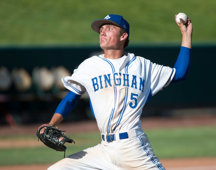 (Rick Egan  |  The Salt Lake Tribune)  The Derek Soffe pitches for the Bingham Miners , in 6A state baseball State Championship game, at UVU in Orem, Friday, May 25, 2018.