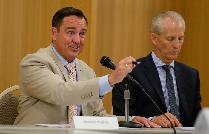 (Francisco Kjolseth  |  The Salt Lake Tribune)  Leadership and partners of Operation Rio Grande, including House Speaker Greg Hughes, left, and Senate President Wayne Niederhauser meet at The Gateway on Tuesday, Aug. 14, 2018, to report on the first year of Operation Rio Grande, which launched Aug. 14, 2017. Agency leadership and staff will reported on the three phases of the operation which focused on improving public safety, drug and mental health treatment and employment.