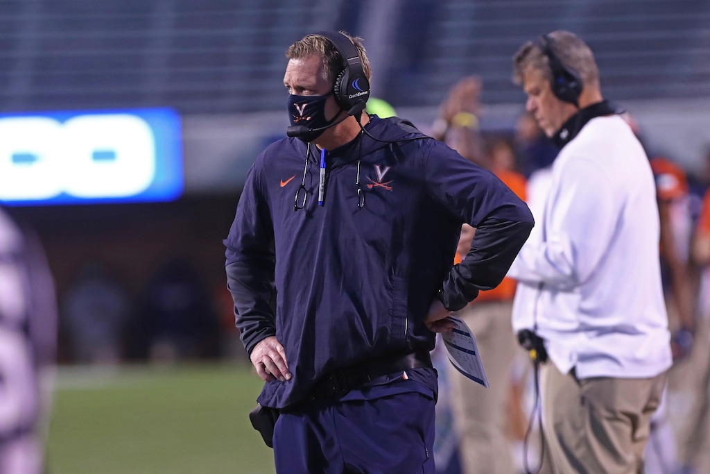 Virginia head coach Bronco Mendenhall looks on during an NCAA college football game against Abilene Christian, Saturday, Nov. 21, 2020, in Charlottesville, Va. (Erin Edgerton/The Daily Progress via AP)