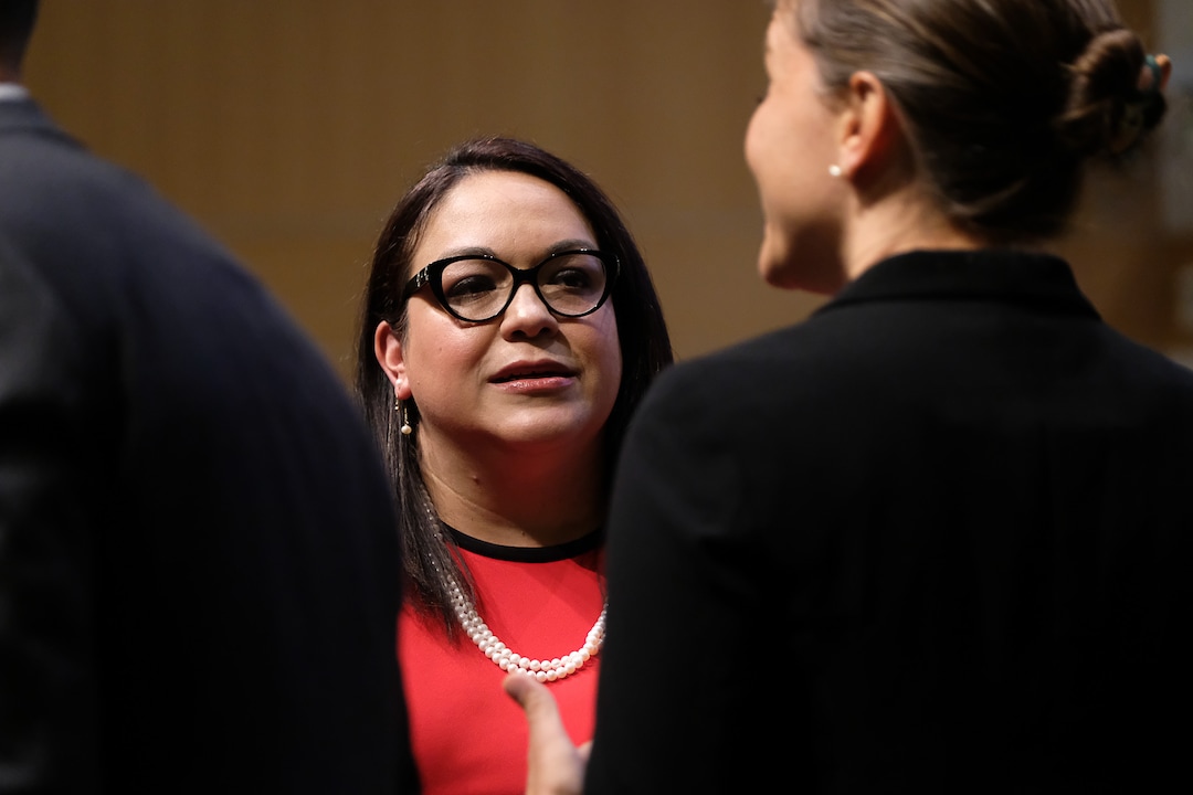 (Francisco Kjolseth  |  The Salt Lake Tribune)  Luz Escamilla speaks with some of the other candidates for Salt Lake City mayor as they gather for a debate at the Salt Lake City Library on Wed. June 26, 2019.