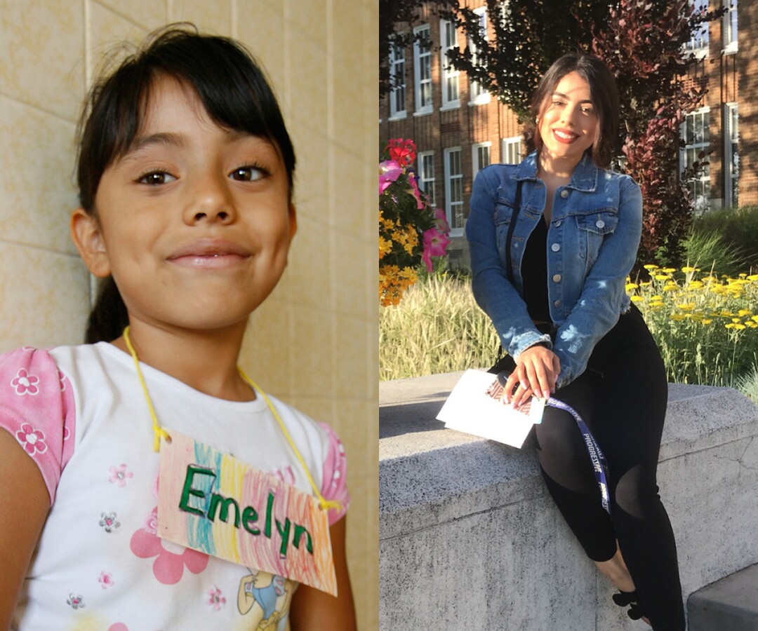 Emelyn Vasquez as a first grader at Orchard Elementary School in West Valley in 2007 and today.