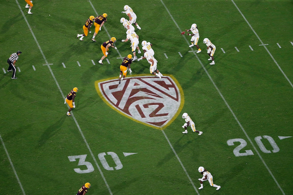 (Ralph Freso | AP file photo) This Thursday, Aug. 29, 2019 file phot, shows the Pac-12 logo during the second half of an NCAA college football game between Arizona State and Kent State, in Tempe, Ariz.