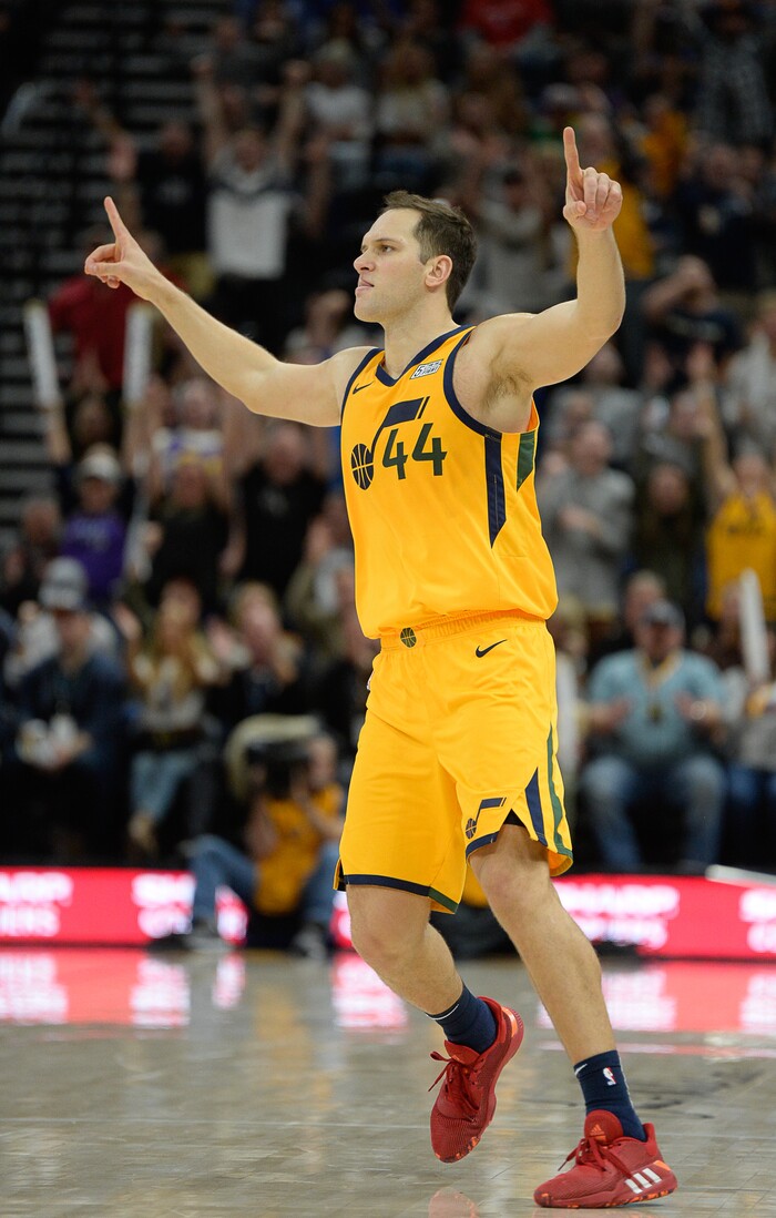 (Francisco Kjolseth  |  The Salt Lake Tribune)  Utah Jazz forward Bojan Bogdanovic (44) celebrates a three pointer with 1:38 to go to put the Jazz up 106 to 101 as the Utah Jazz host the Philadelphia 76ers in their NBA basketball game at Vivint Smart Home Arena in Salt Lake City on Wednesday, Nov. 6, 2019.