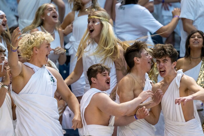 (Rick Egan | The Salt Lake Tribune) 
Olympus fans celebrate their State Championship win in the 5A State Championship game between Woods Cross and Olympus, at the Marriott Center in Provo, on Saturday, March 5, 2022. 