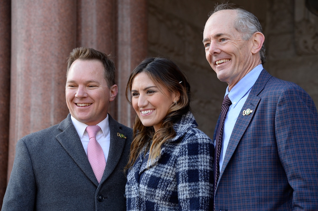 (Francisco Kjolseth  |  The Salt Lake Tribune) Newly elected Salt Lake City council members Andrew Johnston, Ana Valdemoros and Daniel E. Dugan pose for a photograph following inauguration ceremonies at Salt Lake City Hall on Monday, Jan. 6, 2020.