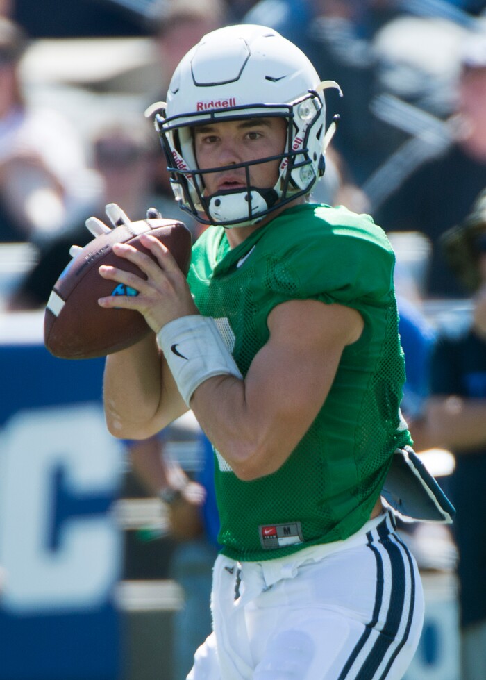 (Rick Egan  |  The Salt Lake Tribune)  Quarterback Koy Detmer Jr. (10), throws the ball, during the BYU scrimmage at Lavell Edwards Stadium, Thursday, August 17, 2017.