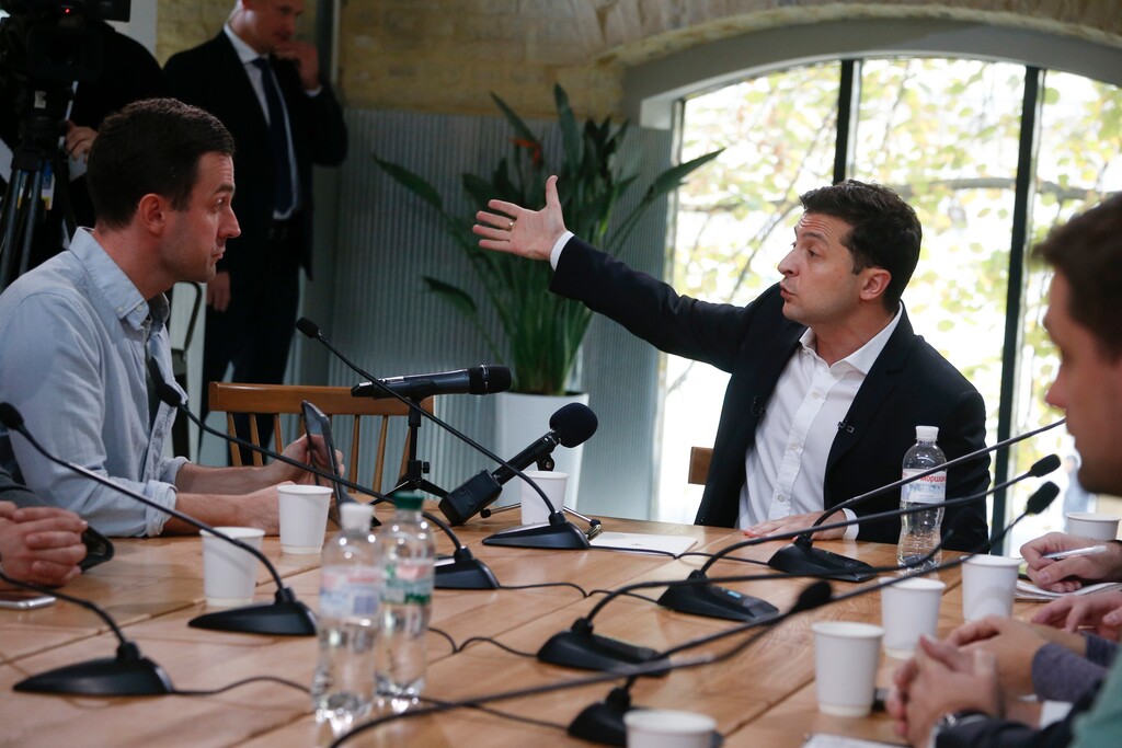 (Efrem Lukatsky | AP) Ukrainian President Volodymyr Zelenskiy speaks during talks with journalists in Kyiv, Ukraine, Thursday, Oct. 10, 2019. Ukrainian President is holding an all-day “media marathon” in a Kyiv food court amid growing questions about his actions as president.