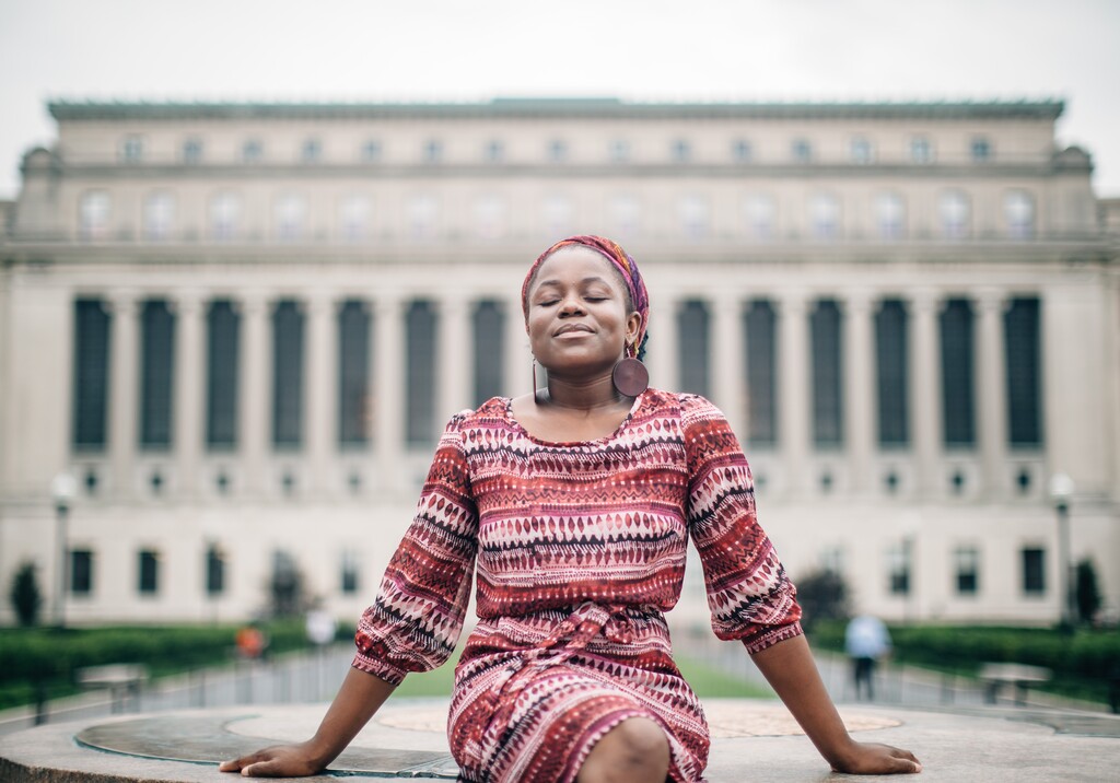 (Damon Winter | The New York Times) Wadzanay Mayiseni, from Zimbabwe, who lost most of her left leg to childhood bone cancer, is attending Columbia University, thanks in part to the United Student Achievers Program, in New York, Aug. 14, 2019. Some programs provide opportunities for resilient strivers who prove that brilliance has no borders.
