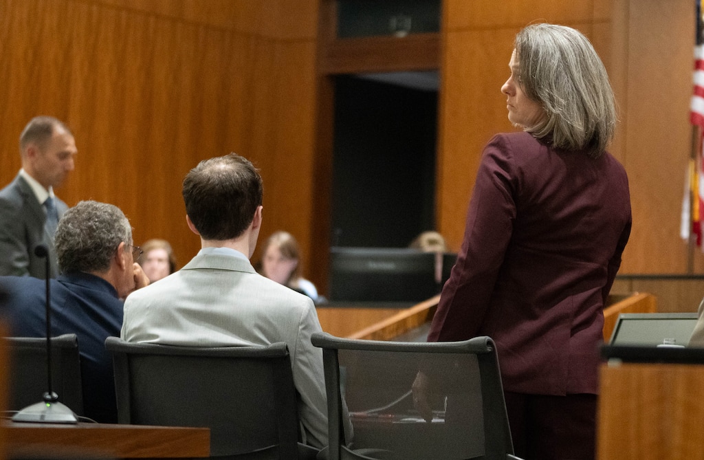 (Francisco Kjolseth | The Salt Lake Tribune) Tyler Robinson, charged in the fatal shooting of Charlie Kirk, sits during closing arguments by defense attorney Staci Visser, at his preliminary hearing in 4th District Court in Provo on Tuesday.