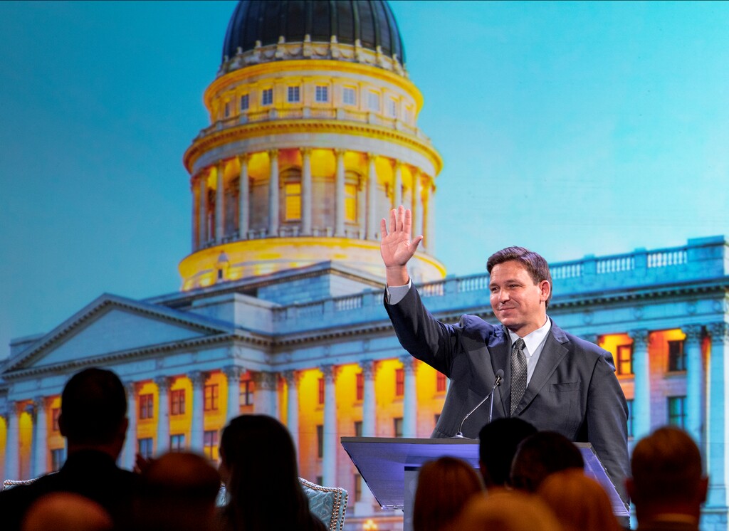 (Leah Hogsten | The Salt Lake Tribune) Florida Gov. Ron DeSantis is applauded after taking the stage to address The American Legislative Exchange Council annual meeting July 28, 2021 at The Grand America Hotel in Salt Lake City. DeSantis is scheduled to be in Utah on Wednesday for a pair of high-dollar fundraising events.