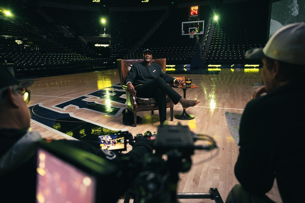 (Utah Jazz) Karl Malone speaks on the Delta Center floor for Note Worthy, the Jazz's new documentary about the franchise.