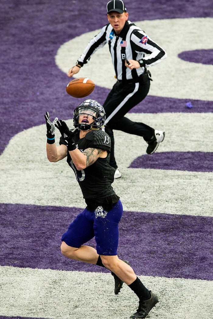 (Chris Detrick  |  The Salt Lake Tribune)  Weber State Wildcats wide receiver Drew Batchelor (13) makes a touchdown catch during the game at Stewart Stadium Saturday, November 25, 2017.  