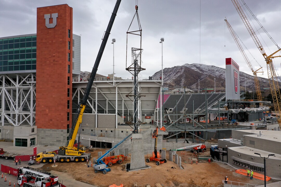 (Francisco Kjolseth  |  The Salt Lake Tribune) The Olympic cauldron is returned to the University of Utah on Friday, Jan. 29, 2021, after a refurbishment to lengthen its life span. Removed in February 2020, the cauldron was transported to an off-site location, where all 738 glass panes were removed and the complete structure was sandblasted and refinished. The refurbished structure was placed on a newly constructed, 17-foot-tall pedestal, just north of the stadium ticket office, with plans to add high-quality glass.