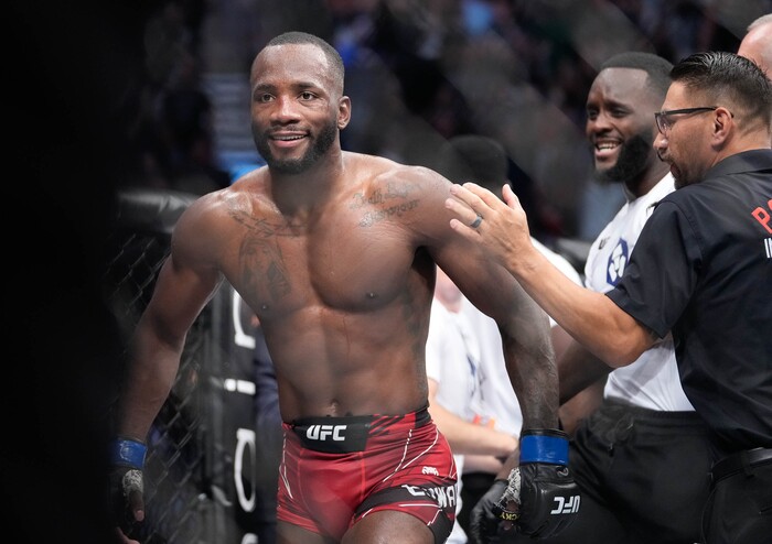 (Francisco Kjolseth | The Salt Lake Tribune) UFC fighter Leon Edwards, of Jamaica, celebrates his knockout of Nigerian UFC fighter Kamaru Usman during the welterweight UFC 278 mixed martial arts title bout in Salt Lake City on Saturday, Aug. 20, 2022.