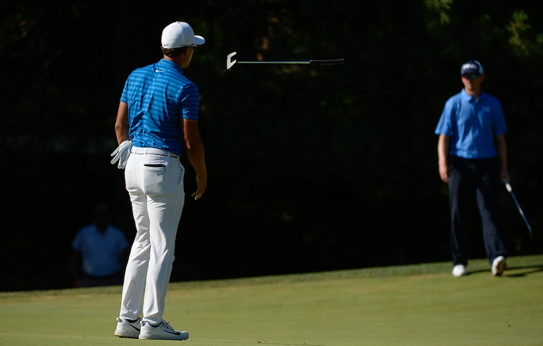 (Francisco Kjolseth  |  The Salt Lake Tribune)  Cameron Champ from Sacramento, CA, flips his putter following a near miss on the 11th green during the Utah Championship golf event on the Web.com Tour at Oakridge Country Club in Farmington on Sunday, July 15, 2018. Champ managed to stay one stroke ahead of Steven Ihm to capture the championship. 