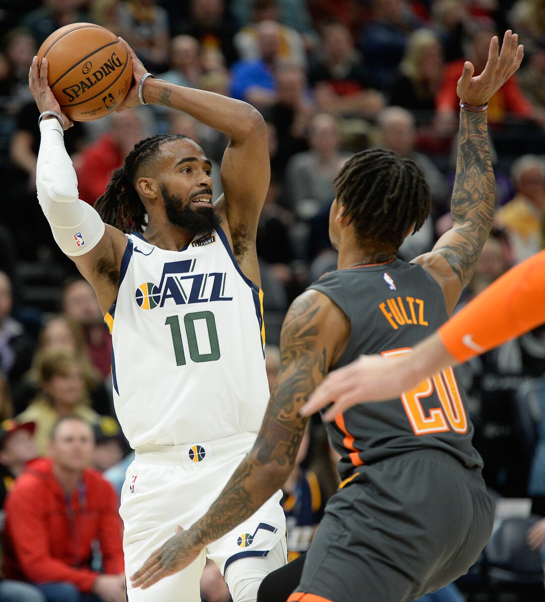 (Francisco Kjolseth  |  The Salt Lake Tribune) Utah Jazz guard Mike Conley (10) looks for an open teammate as the Utah Jazz host the Orlando Magic in their NBA basketball game at Vivint Smart Home Arena in Salt Lake City on Tuesday. Dec. 17, 2019.