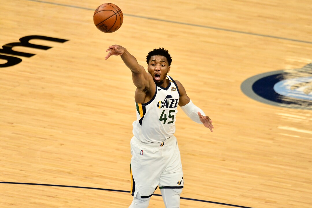 Utah Jazz guard Donovan Mitchell (45) shoots in the second half of Game 4 of an NBA basketball first-round playoff series against the Memphis Grizzlies, Monday, May 31, 2021, in Memphis, Tenn. (AP Photo/Brandon Dill)
