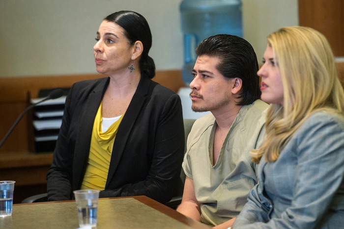 (Chris Detrick  |  The Salt Lake Tribune)   Mario Cervantes-Angel listens during his sentencing at the West Jordan Courthouse Tuesday, September 19, 2017. Mario Cervantes-Angel, 29, pleaded guilty Tuesday to two counts of first-degree felony aggravated murder for the July 6, 2016 shooting deaths of 15-year-old Abril Izazaga and her brother, 16-year-old Jose Izazaga, outside of a Salt Lake County apartment complex.