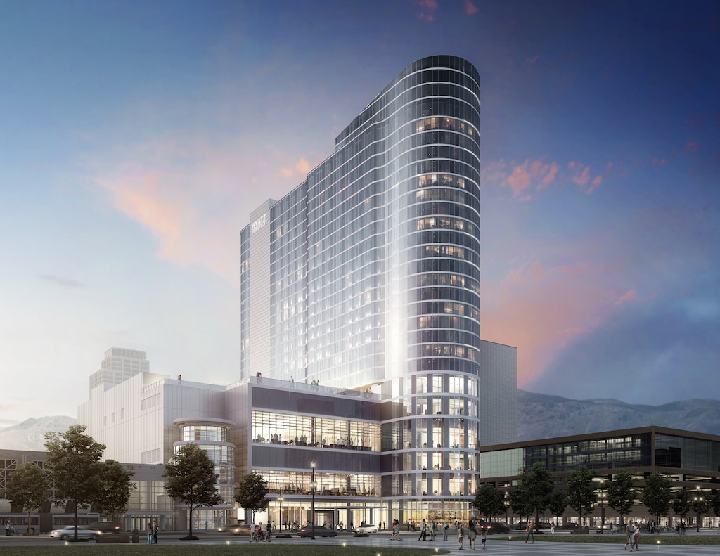 (Renderings courtesy of Portman Architects) Rendition of the new convention center hotel to be built at the northwest corner of 200 South and West Temple in Salt Lake City, adjacent to the Salt Palace Convention Center. The 26-story hotel, to be called Hyatt Regency Salt Lake City, will have 700 rooms and 60,000 square feet of meeting space and will be built into the existing Salt Palace for “seamless access.”