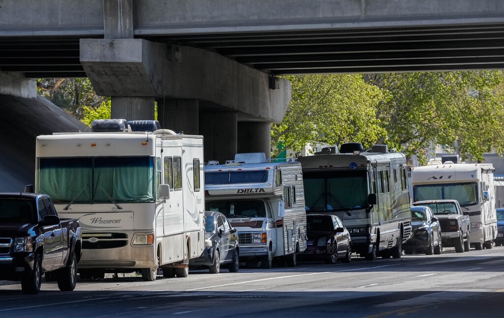 (Francisco Kjolseth  | The Salt Lake Tribune) RVs along 200 South and 800 West in Salt Lake City in April. The city is considering adding a ban on sleeping in vehicles overnight in all public areas.
