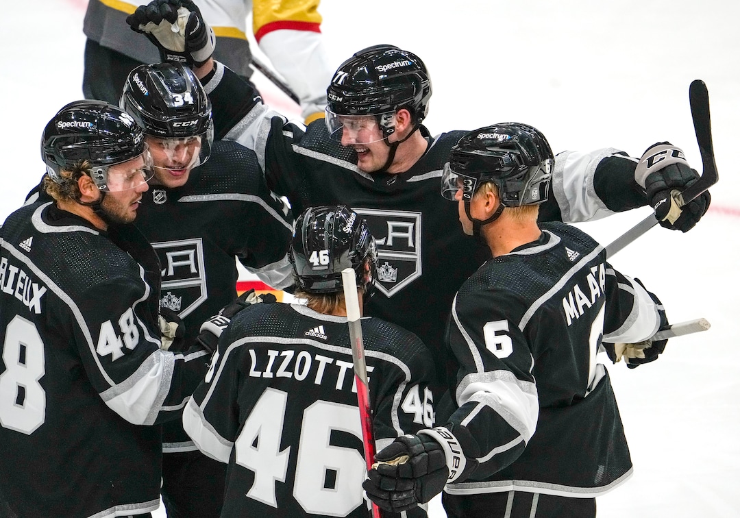 (Leah Hogsten | The Salt Lake Tribune) Los Angeles Kings left wing Brendan Lemieux (48) with a goal in the first period as the Los Angeles Kings and Vegas Knights meet in a preseason game at Vivint Arena on Sept. 30, 2021.