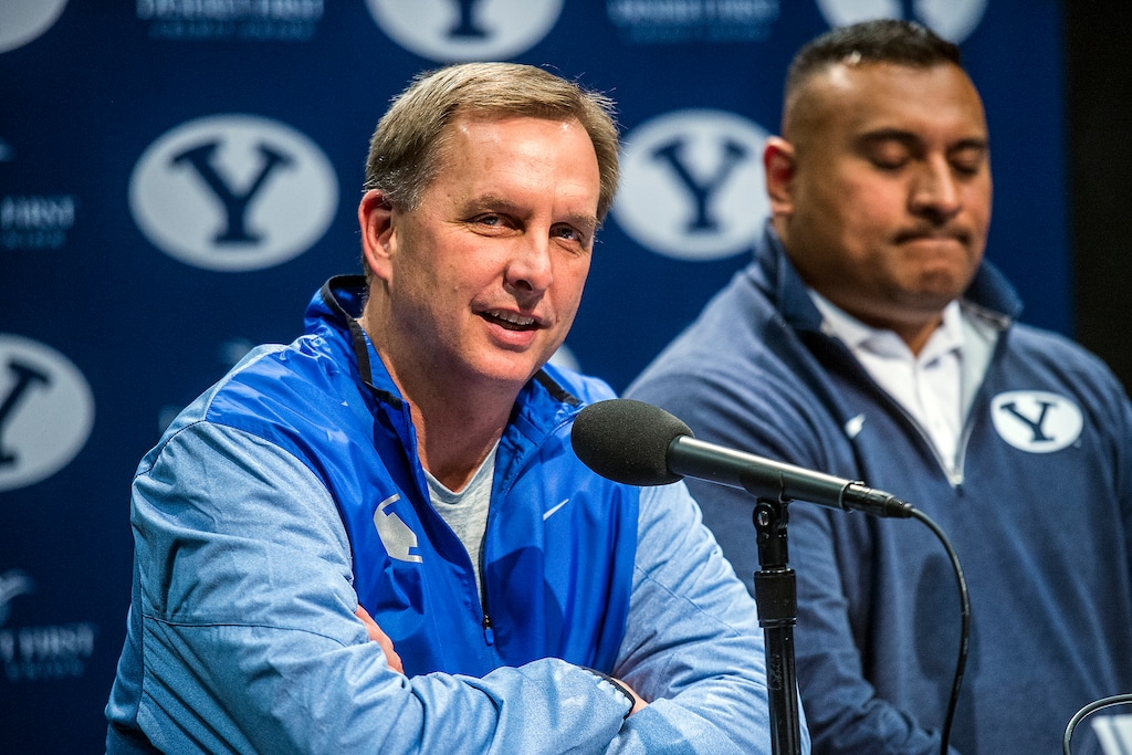 Chris Detrick  |  The Salt Lake TribuneOffensive Coordinator Ty Detmer, left, and Head football coach Kalani Sitake during a press conference at the BYU broadcasting building Wednesday February 1, 2017. 