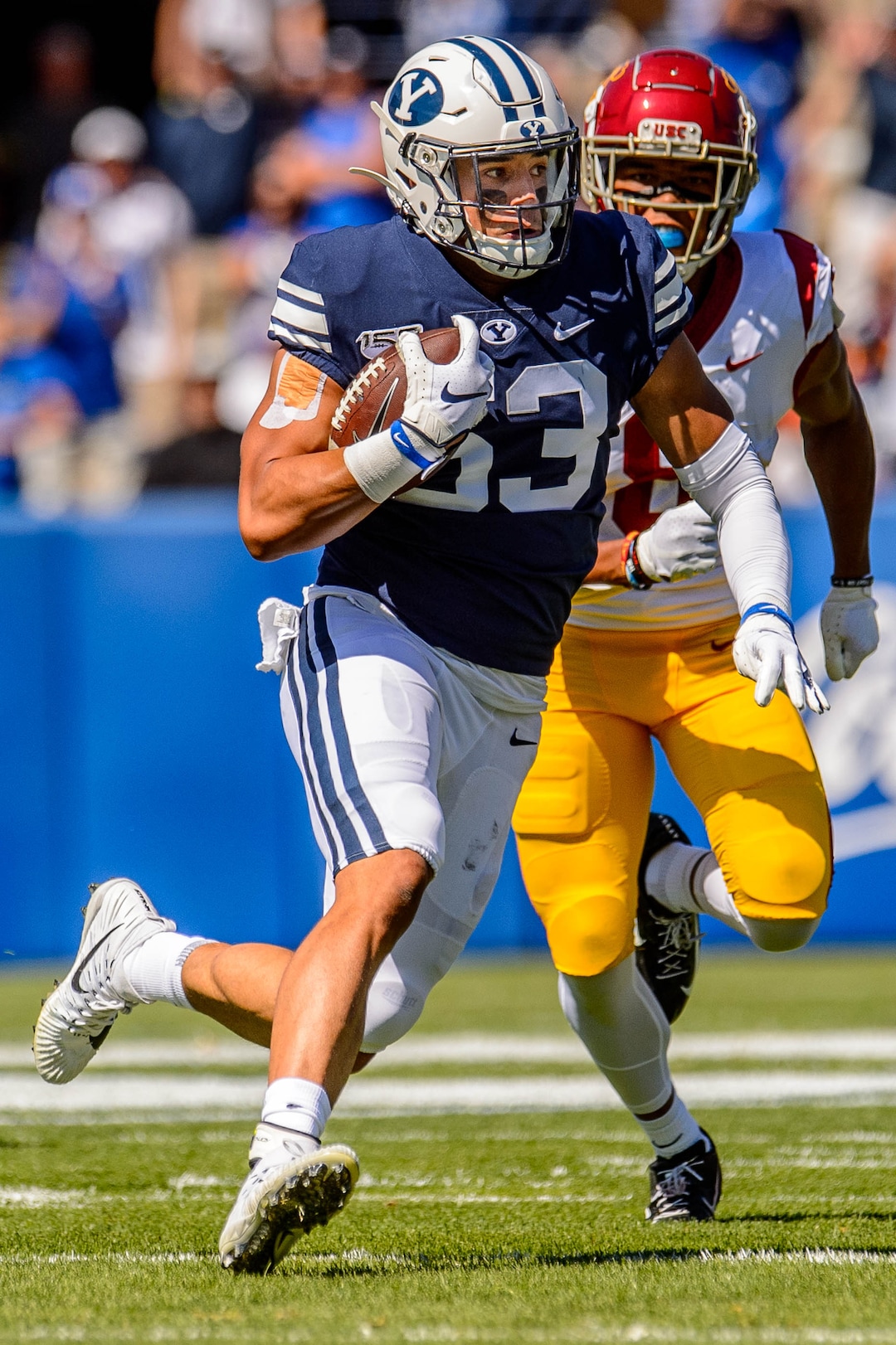 (Trent Nelson  |  The Salt Lake Tribune)  Brigham Young Cougars linebacker Isaiah Kaufusi (53) pulls in an interception as BYU hosts USC, NCAA football in Provo on Saturday Sept. 14, 2019.