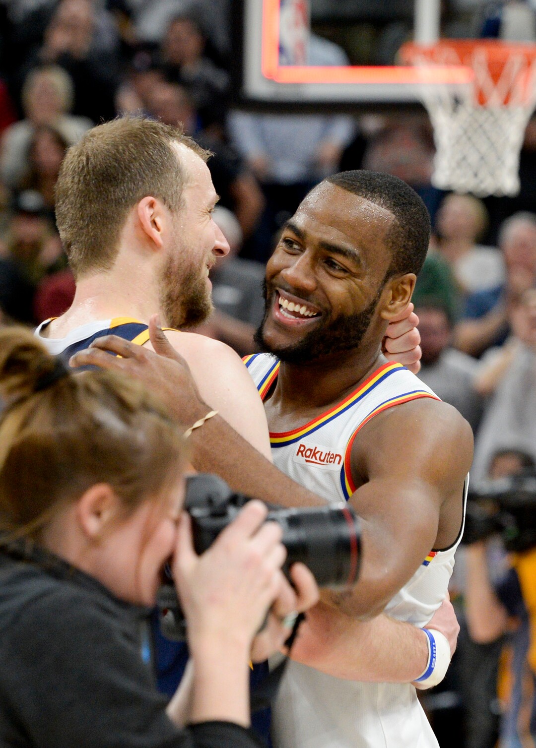 (Leah Hogsten  |  The Salt Lake Tribune) Good friends Utah Jazz forward Joe Ingles (2) and Golden State Warriors guard Alec Burks (8) share a laugh after the game as the Utah Jazz defeated the Golden State Warriors, 114-106, Dec. 13, 2019 at Vivint Arena.